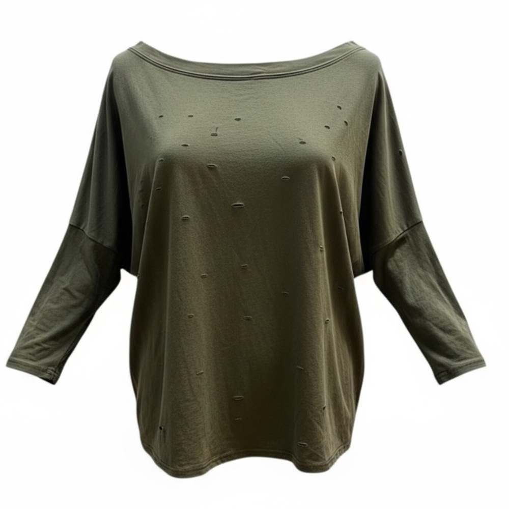 Black Bead Olive Distressed Boat Neck Long Sleeve Top Size Large